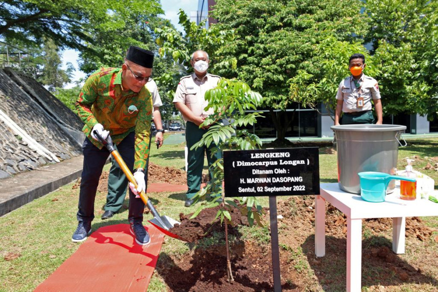 Wakil Komisi VIII DPR RI Marwan Dasopang (kiri) didampingi Sekretaris Utama BNPB Lilik Kurniawan (tengah) menanam bibit pohon lengkeng di halaman gedung Pusdiklat PB BNPB, Jumat (2/9).
