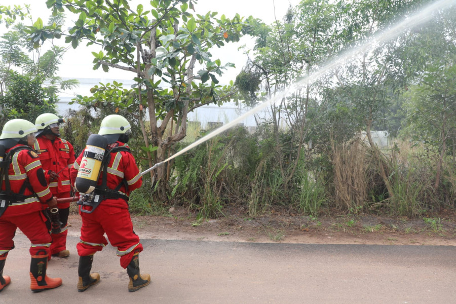 Tim pemadam kebakaran memadamkan api di lokasi DWG G20 Belitung, Sabtu (3/9).
