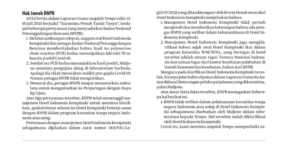 Hak Jawab BNPB perihal liputan Karantina Penuh Tanda Tanya di Majalah Tempo